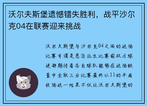 沃尔夫斯堡遗憾错失胜利，战平沙尔克04在联赛迎来挑战