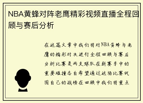 NBA黄蜂对阵老鹰精彩视频直播全程回顾与赛后分析